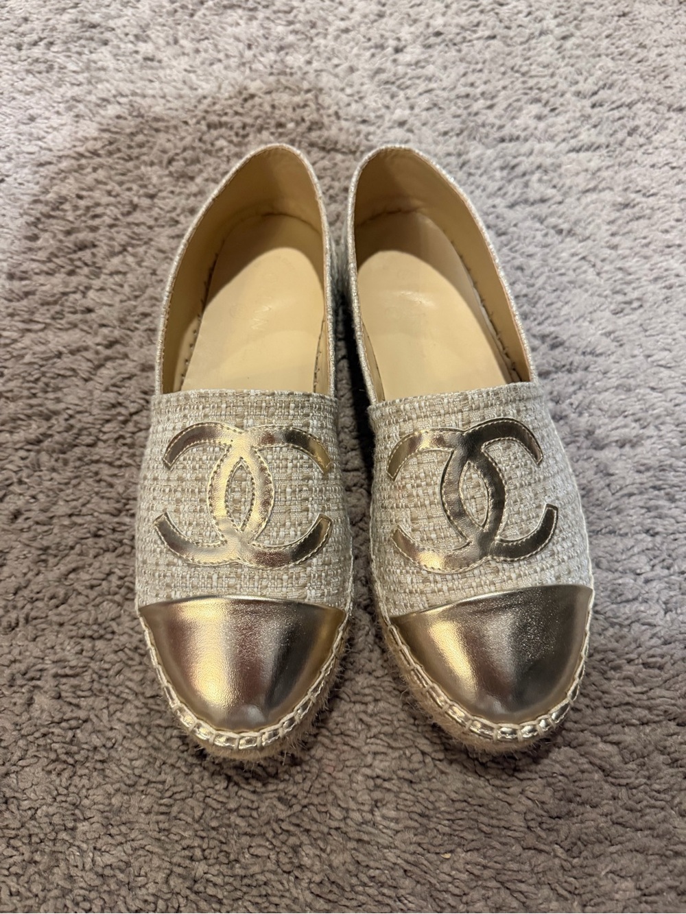Authentic Gold Chanel Tweed Espadrille Flats | Size 42 Women’s 11